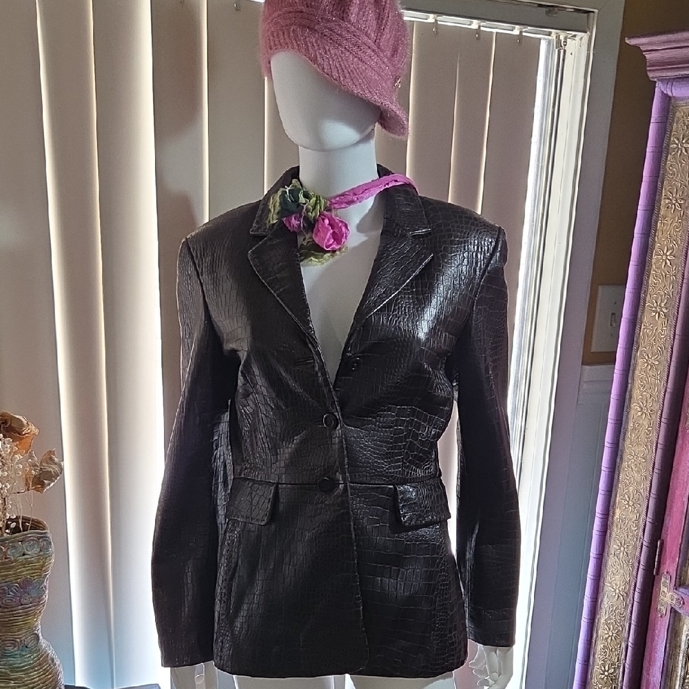 Tahari Brown Embossed Leather Jacket